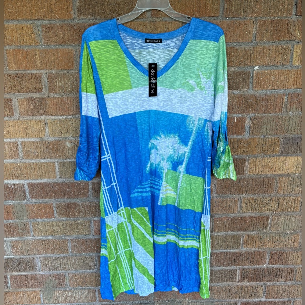 David Cline Women's Dress Palm Tree Abstract Artsy Short Sleeve Size L NWT